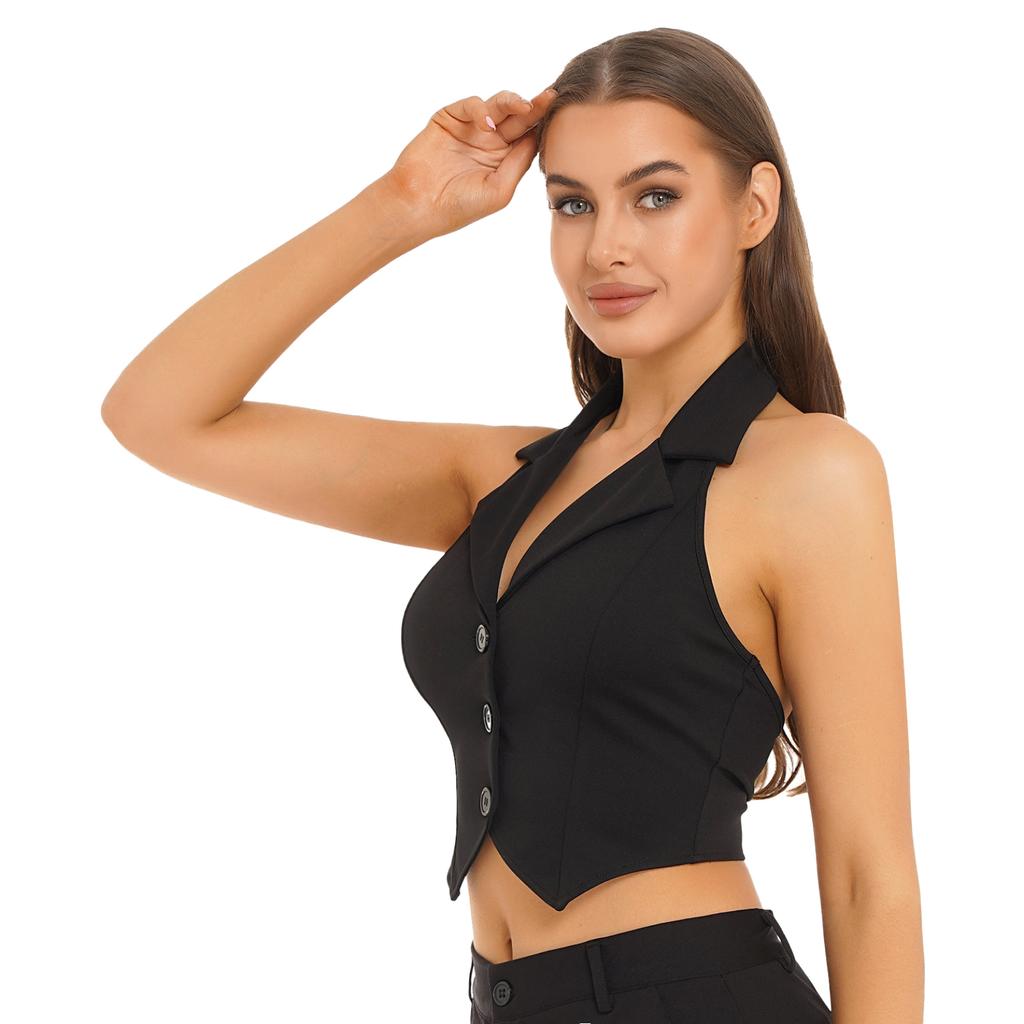 Ladies Crop Tops Formal Elegant OL Waistcoat Suits Vest Women Backless Vest Outerwear Jacket Coat Halter V-Neck Office