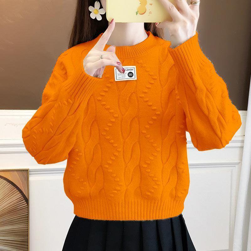 Women's Crew Neck Sweater Autumn and Winter Warm Cable Knit Sweater Loose Thick Knit Pullover Sweater
