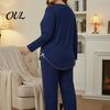 Versatile Two Piece Loungewear Women's Plus Size Pajama Set, Long Sleeve Top And Pants Soft Sleep Sets for Air Conditioned Rooms with Bow, Ruffle