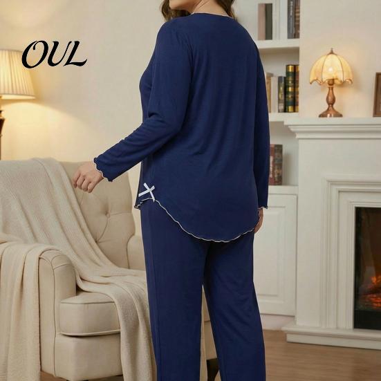 Versatile Two Piece Loungewear Women's Plus Size Pajama Set, Long Sleeve Top And Pants Soft Sleep Sets for Air Conditioned Rooms with Bow, Ruffle