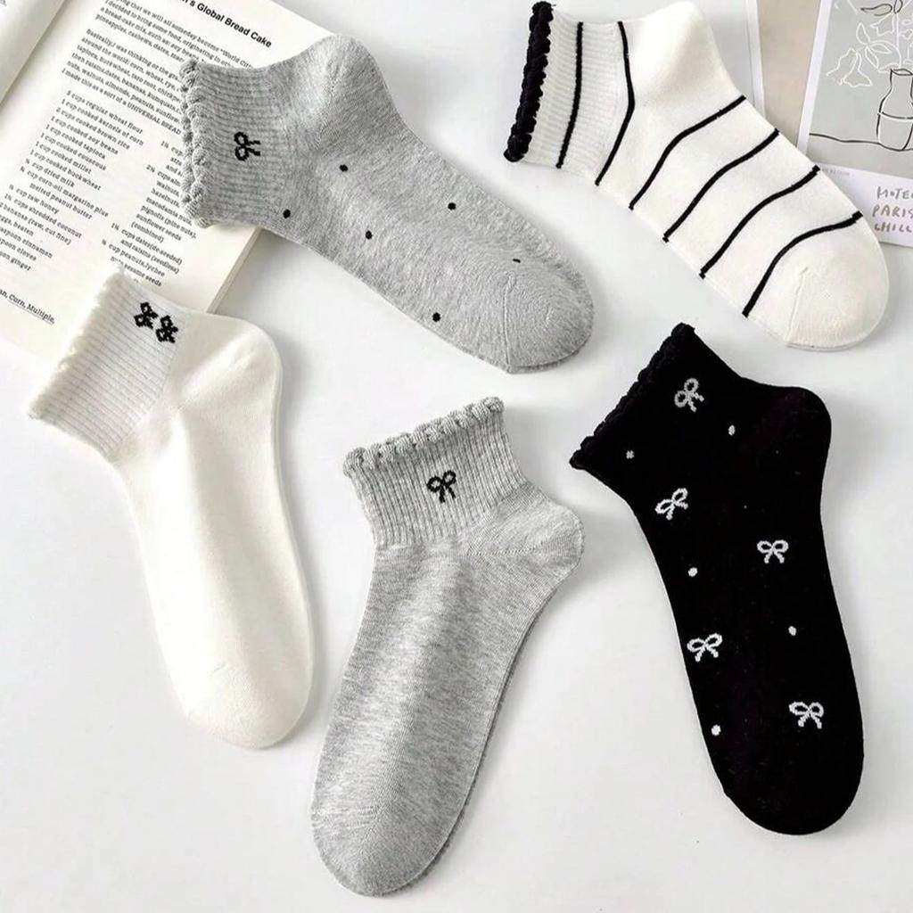 Xiaomi 5 Pairs Women's Lace Ankle Socks, Korean Bow No-Show Socks, Cute Low Cut Socks, Daily Casual Socks