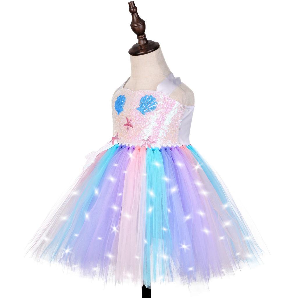Starfish Seashell LED Mermaid Suspender Tutu Dress, Double Layer Mesh Girls Party Gown Blue