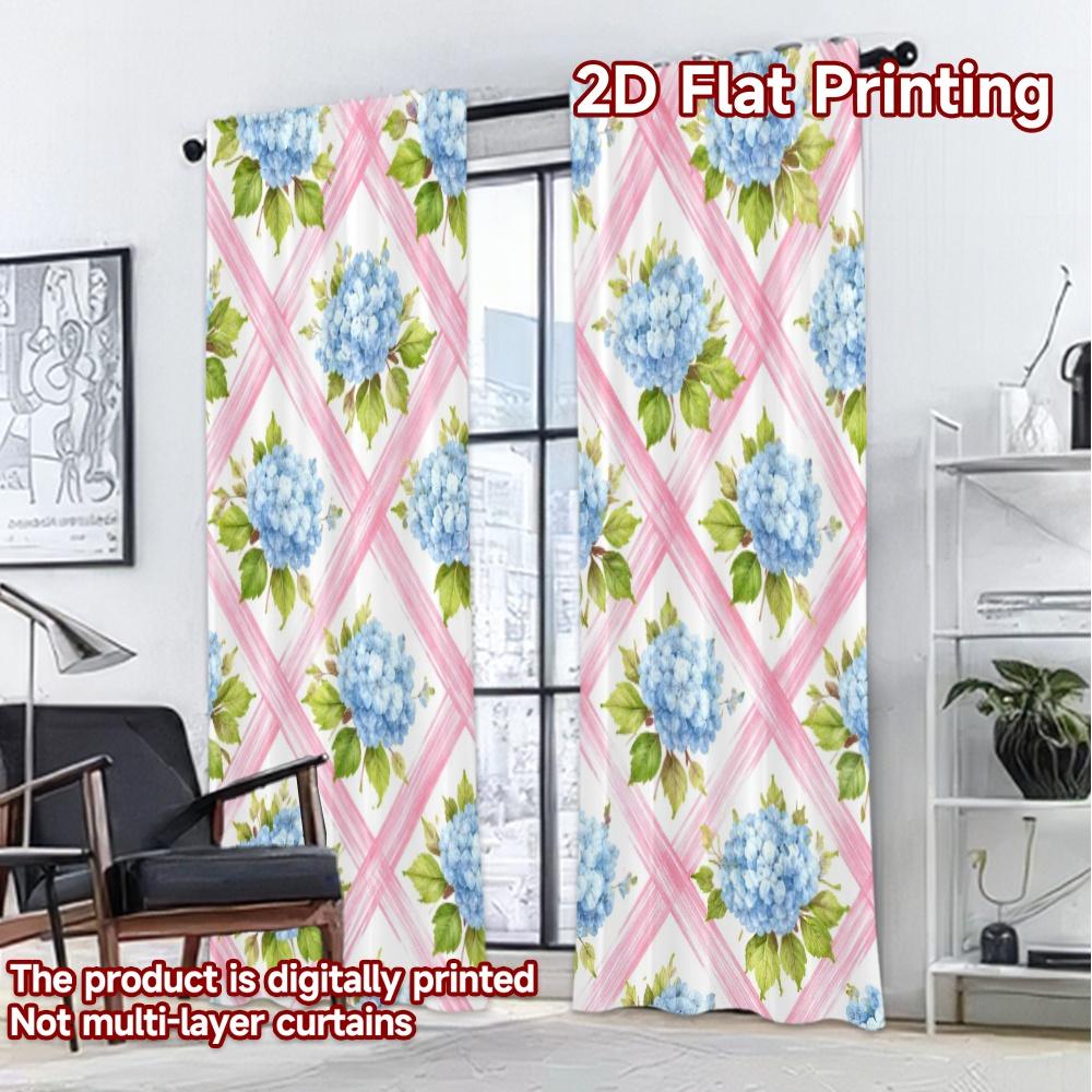 2D FLAT PRINTING 2pcs Curtains (Without Rod) Blue Flowers On Pink Grid Fashionable Chic Curtains Versatile Fabric Curtains