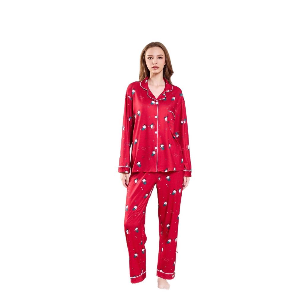 1116 European and American Women's Pajamas Christmas and New Year Printing Long-sleeved Trousers Cardigan Lapel Loose Loungewear