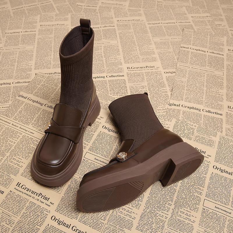 Leather short boots women's new thin boots autumn and winter flat Martin boots elastic boots autumn and winter thin