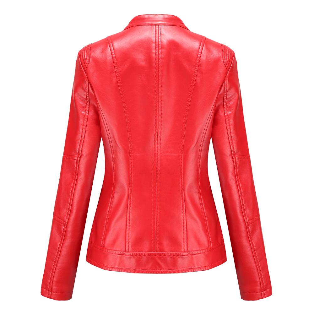 Women's Navy Blue Stand Collar PU Leather Jacket - Lightweight Spring/Autumn Fashion Coat