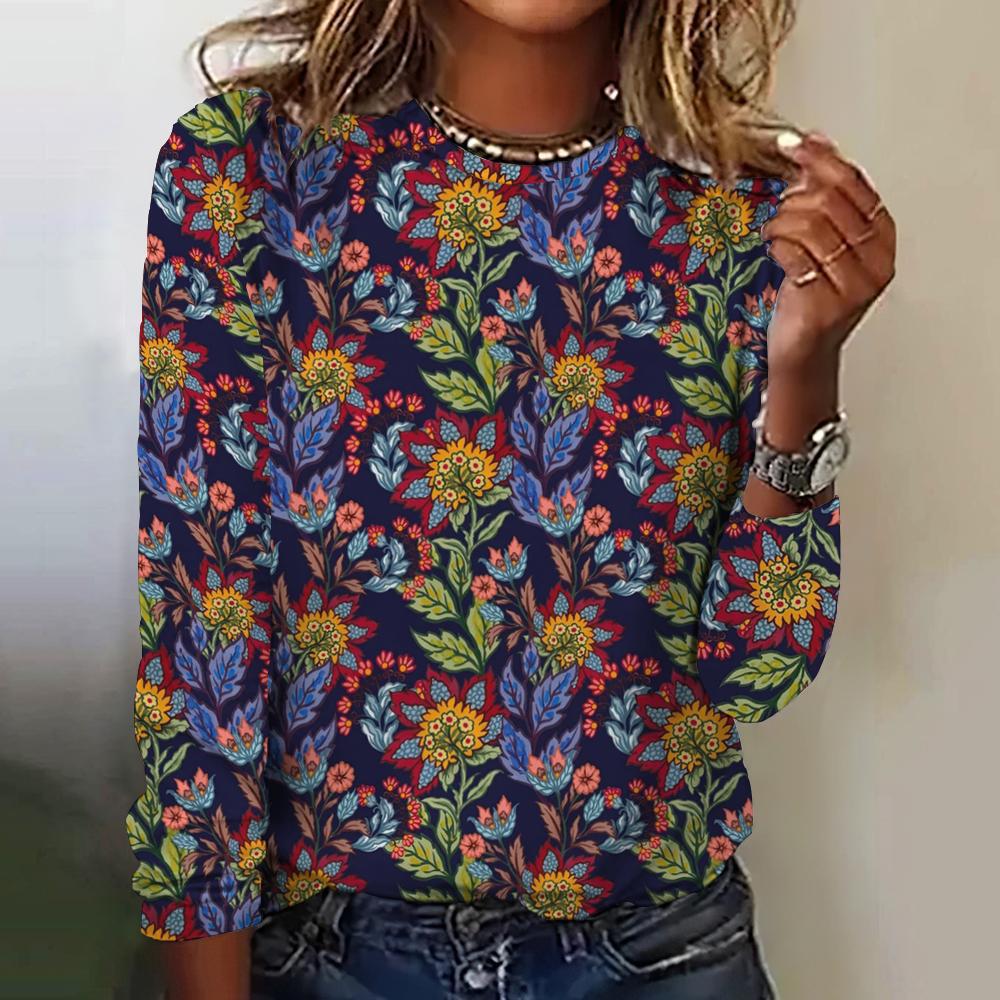 Retro flower 3D printed women's round neck long sleeved T-shirt