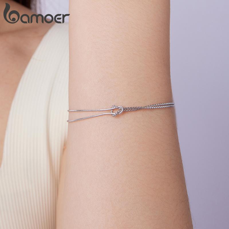 BAMOER Double Layer Crossed Bracele Snake Bones Basic Chain Bracelet 925 Sterling Silver Original for Women Girl Delicate Gift