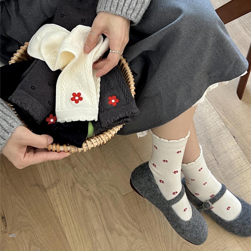 2025 Women's Mid-Calf Socks: Autumn/Winter Style with Little Red Flower Embroidery, Sweet Rabbit Velvet, Thickened for Warmth