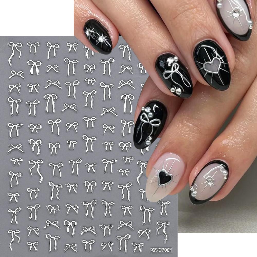 1Pcs 3D Metal Silver Bowknot Nail Art Sticker Exquisite Ribbon Self-Adhesive Nails Decals Y2K Bow Slider DIY Manicure Accesories