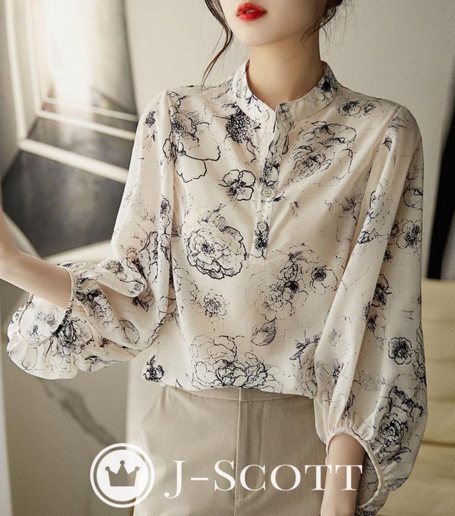 J-Scott Painting-Style Flower Print Blouse, Collarless, Puff Sleeves, Sheer, Lightweight, Refreshing, Ivory, JS46-IV-L