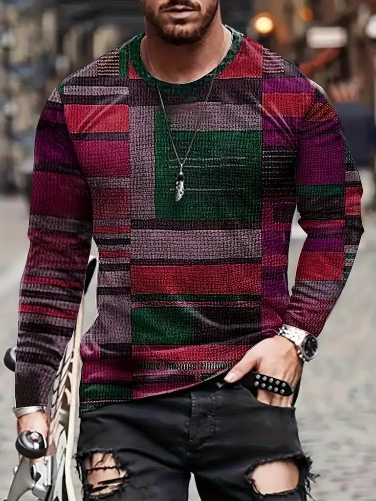 Vintage T-Shirt for Men Irregular Plaid Graphic T Shirts Round Neck Long Sleeve Tee Oversized Man Clothing Top Creative Clothing