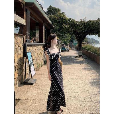 Women's New Temperament Backless Waist Long Dress Square Neck Lace Polka Dot Dress Children's Summer Leisure