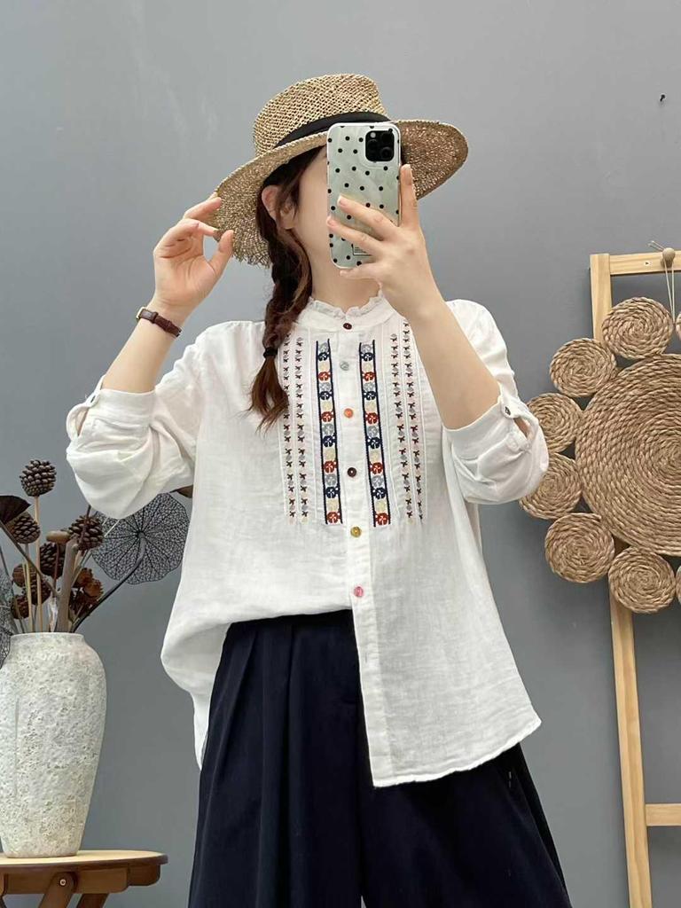 Women's Long Sleeve Embroidered Cotton Shirt, Ethnic Style, Loose Fit, Retro, Slimming Temperament Top