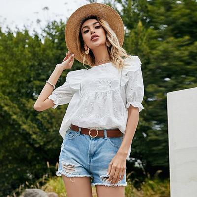 Kadın Rahat İlkbahar Yaz Üst Bayan Tatlı Hollow Out Puf Kollu Bluz Beyaz SML XL