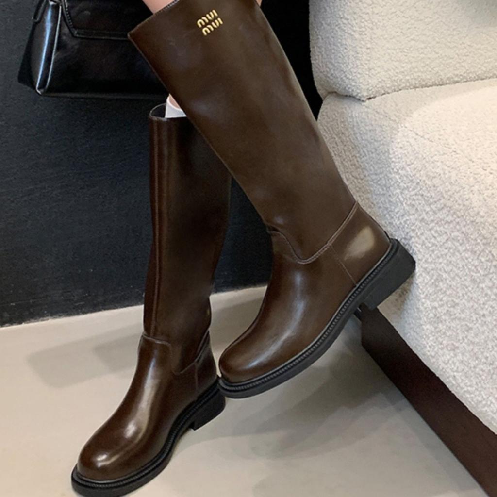 2025 New British Retro Simple Black Zipper Boots Slim Big Tube Circumference High Boots But Knee Knight Boots