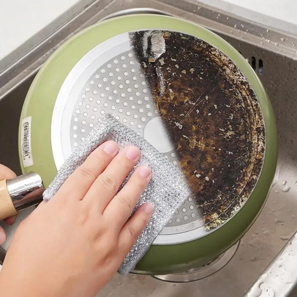 10 pièces Produits de Nettoyage Lingettes à Vaisselle en Fil d'Acier Double Face Anti-adhésif Chiffon de Nettoyage en Fil d'Acier Non Rayant Couche Unique Boule à Vaisselle