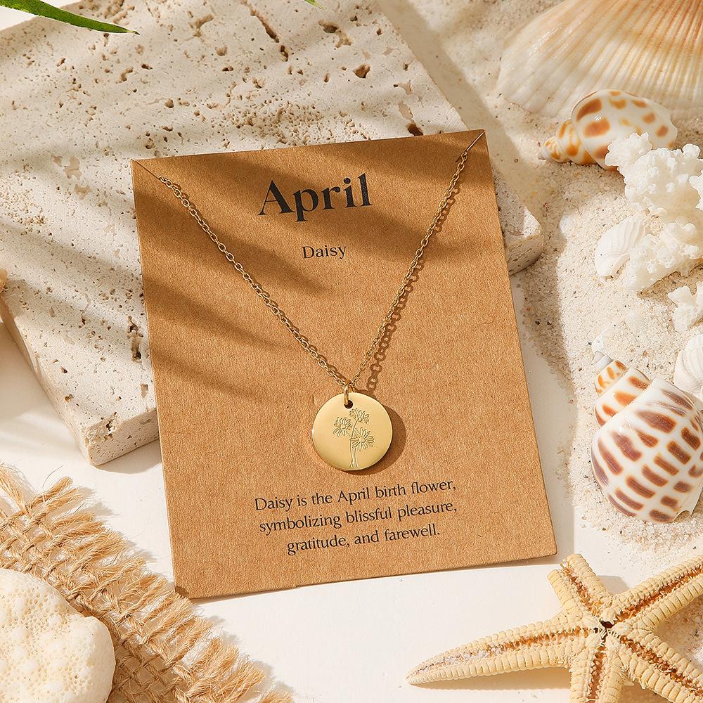 December Floral Pendant Necklace Exquisite Engraved Golden Circular Coins In Minimalist Layered Chain Jewelry Gift for Women