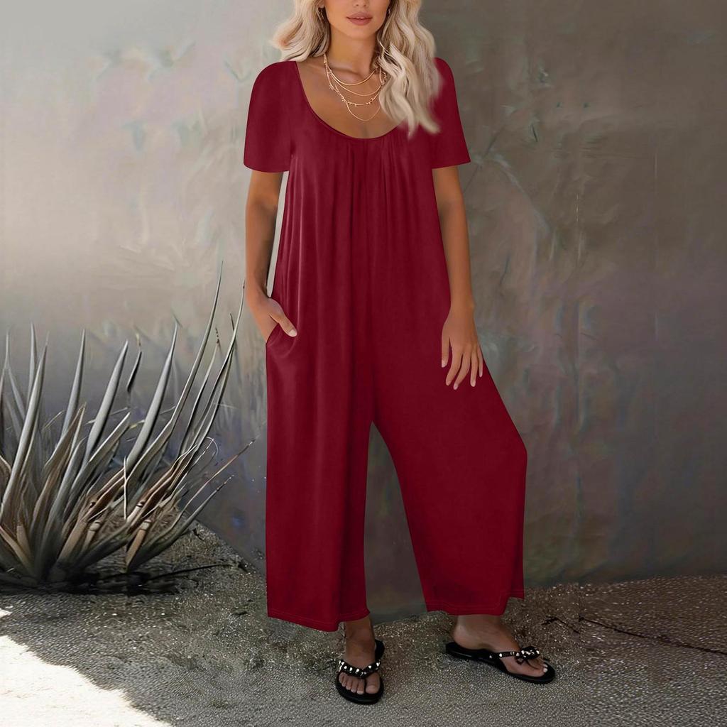 Women's Fashionable Casual Relaxed Fit Pocketed Short Sleeve Jumpsuit