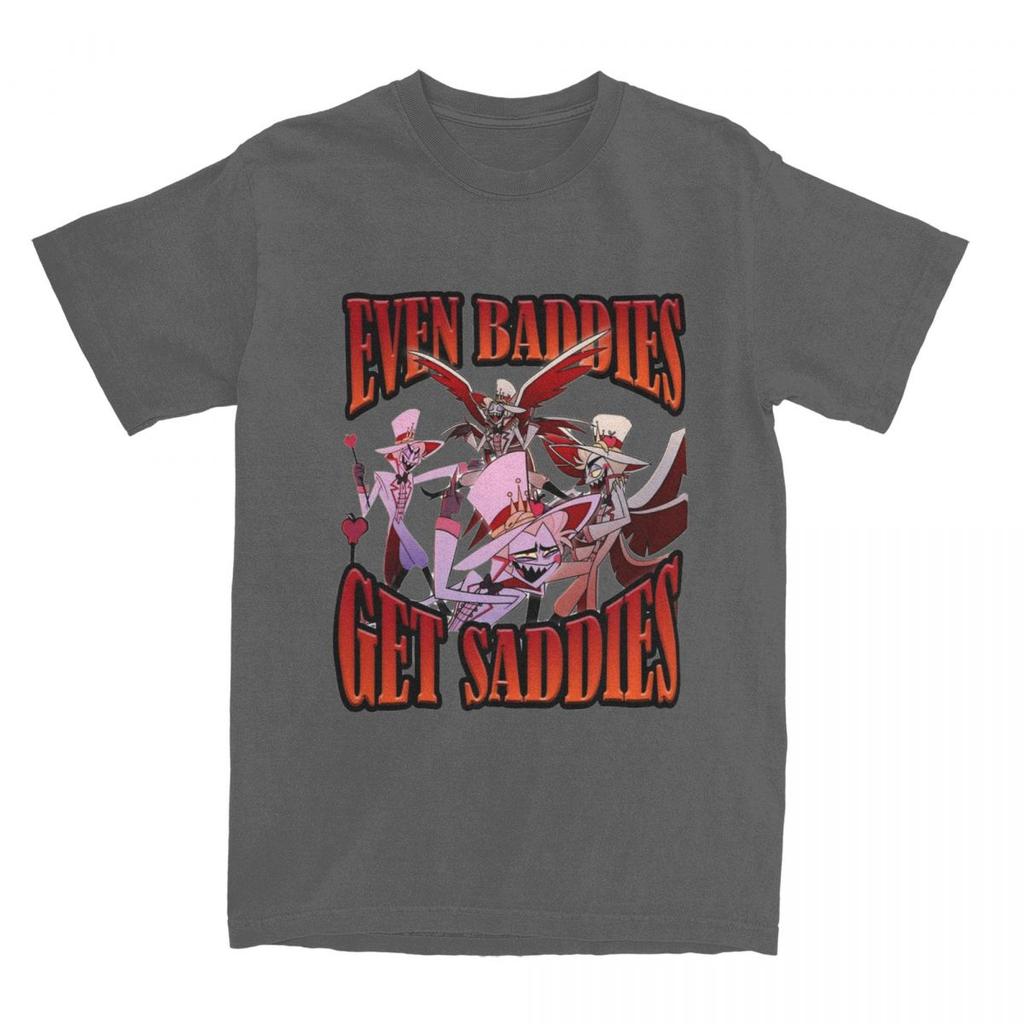 Lucifer Even Baddies Get Saddies T Shirt Men Hazbins Hotels Retro Cotton T-Shirts Summer O-Neck Tees Casual Oversize Clothing