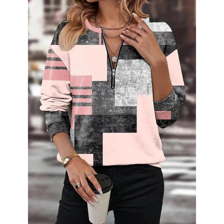 Color Block Printed V Neck T Shirts for Women Loose Casual Tops Long Sleeved High Street Autumn Geometry Zipper Clothes