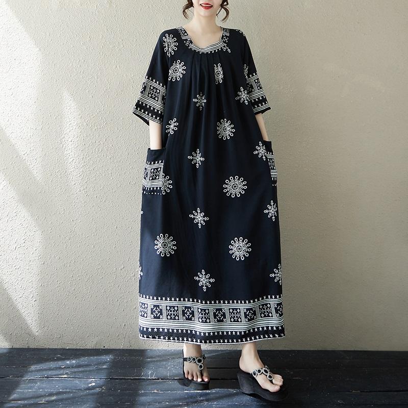 

Новое хлопковое винтажное платье с цветочным принтом больших размеров с коротким рукавом для женщин, повседневное свободное длинное летнее платье чёрный
