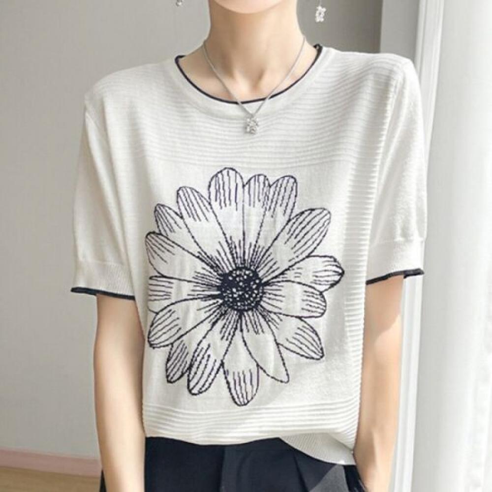 Navava Women Flower Color Block Short Sleeve Knit Tee Nk3035