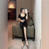 European and American Spice Girls Style Dress Women's Summer High-end Long Black Neck-hanging Waist Chic Unique Cheongsam Sexy