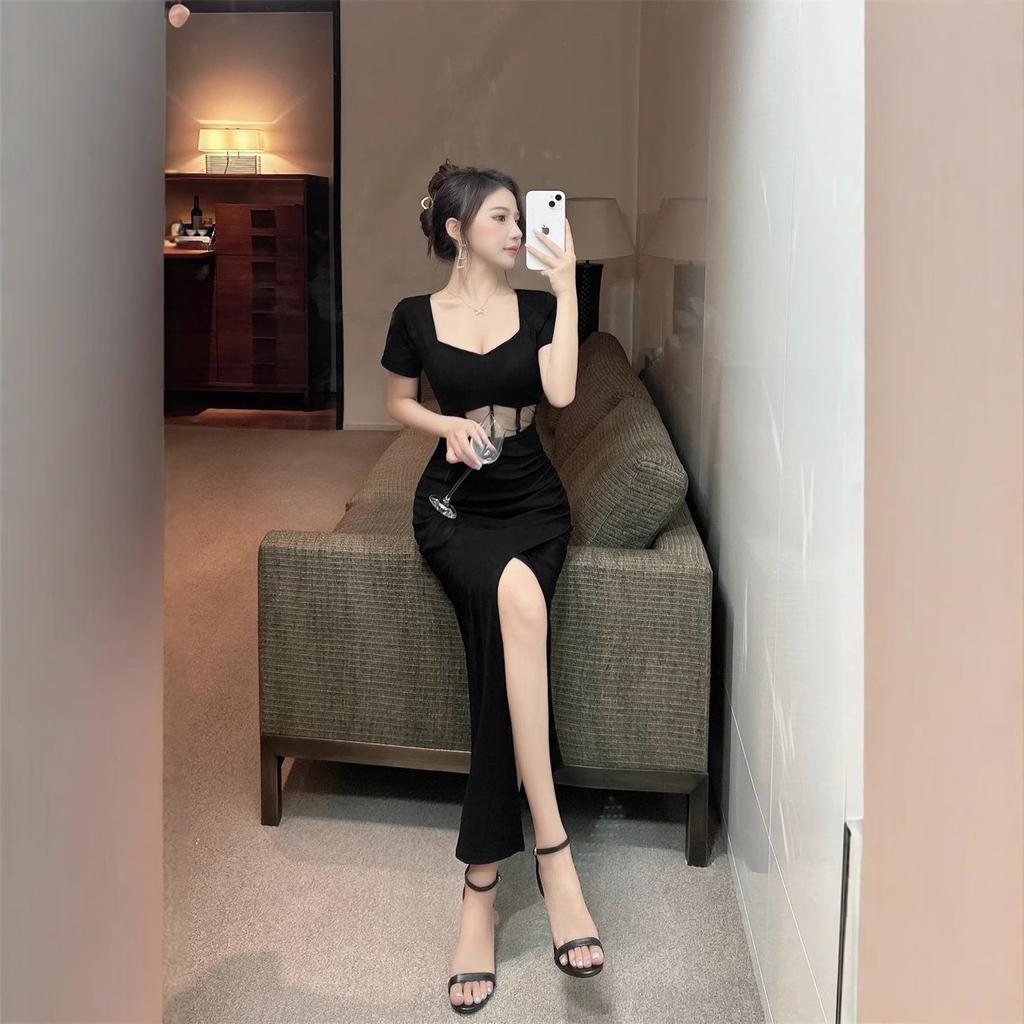 European and American Spice Girls Style Dress Women's Summer High-end Long Black Neck-hanging Waist Chic Unique Cheongsam Sexy