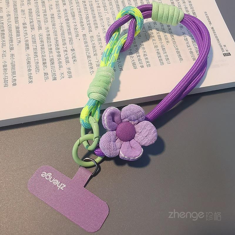 

Flower mobile phone lanyard women s wrist short thumb ring braided rope outdoor anti-lost travel mountaineering rope anti-theft portable [green and purple]