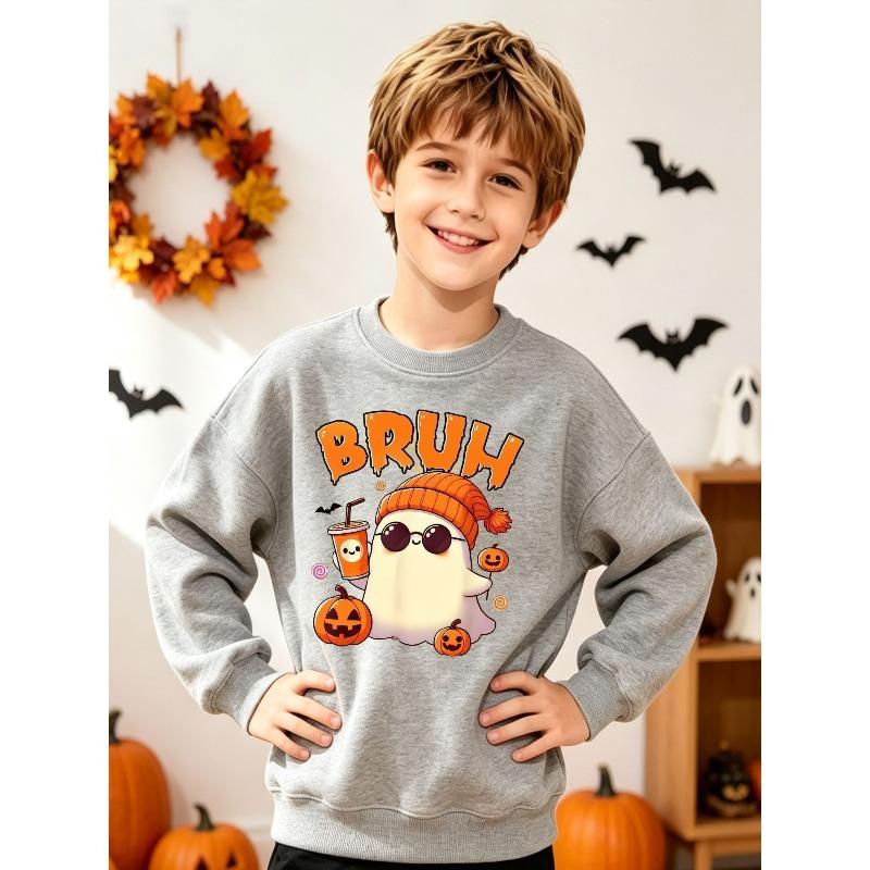 European sizes Halloween Boys Graphic Crewneck Sweatshirt Cute Beanie Glasses Print Long Sleeve Pullover Funny Bruh Text Top Kids Fall Gift