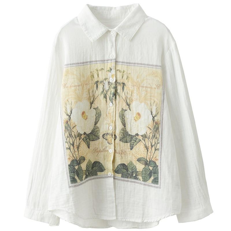 Johnature Women Vintage Cotton Shirts Tops Turn-down Collar Long Sleeve Button Blouses Autumn White Shirts