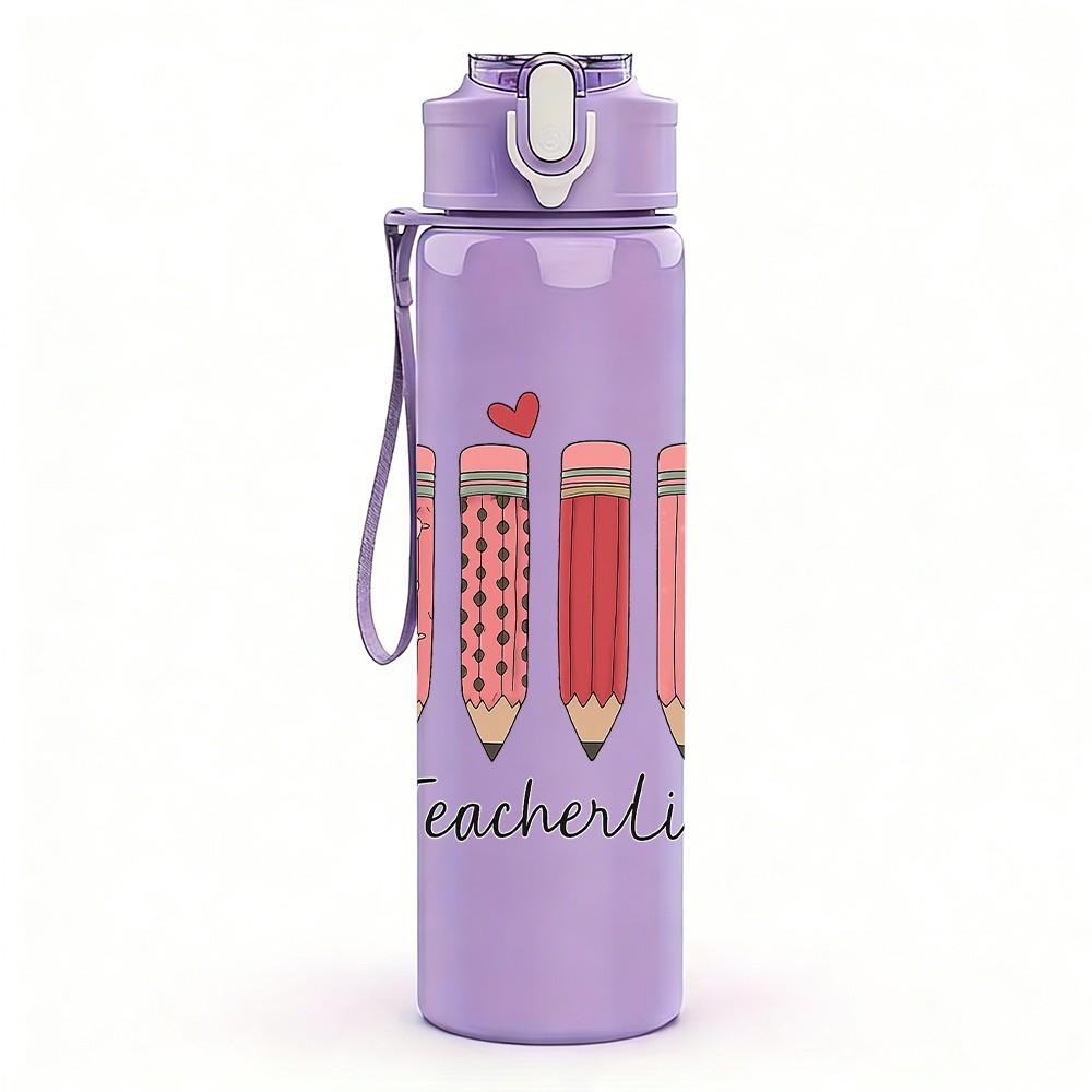 1PC Color Pencil Art Pattern Print 750ml Color Plastic Sports Water Bottle Leakproof Flip Straw Lid Suitable for Sports Office Home Use