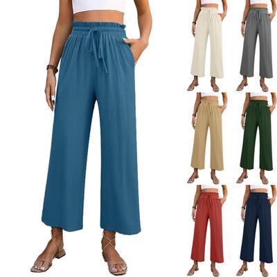 New Women's Solid Color Cotton Linen Wide Leg Pants, High Waist Elastic Drawstring Casual Trousers for Spring Summer