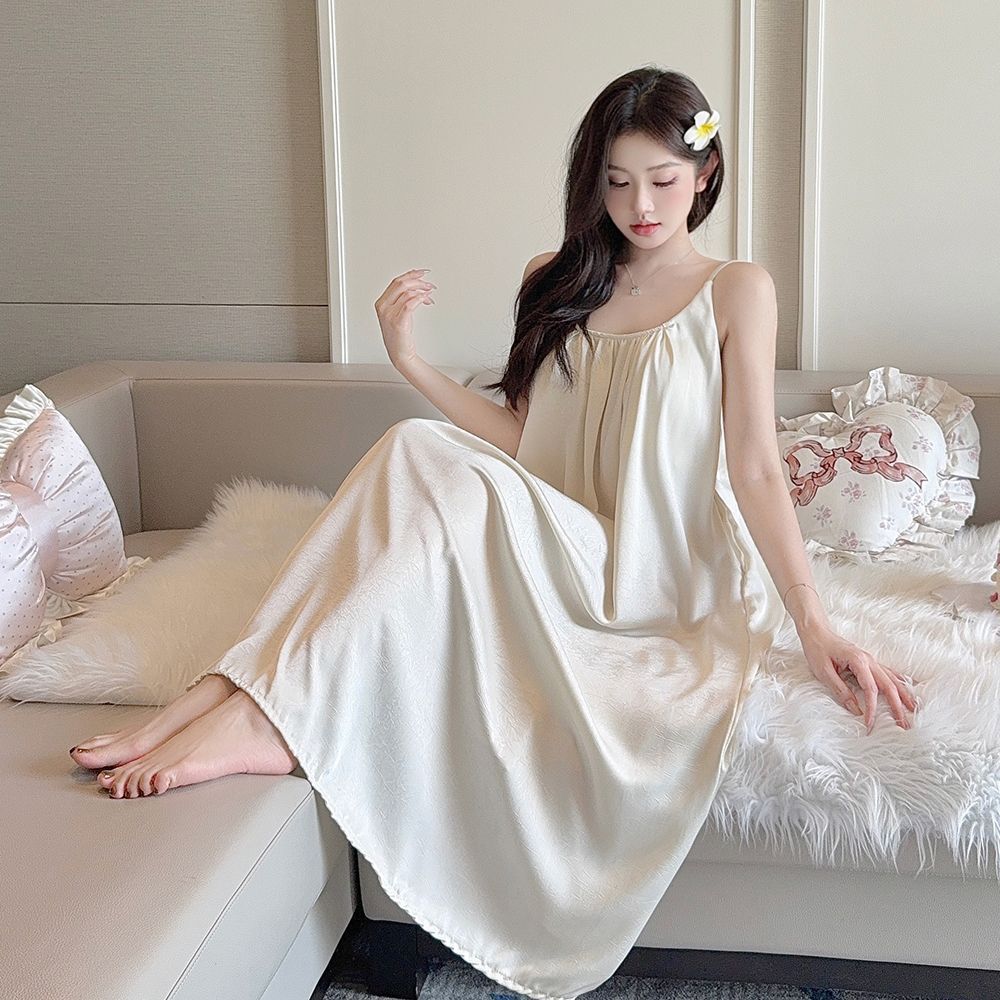 Original Acetic Acid Long Dress Double Pocket with Chest Pad Large Leak Back Nightdress Women's Suspender Summer Solid Color Vacation Style Loungewear
