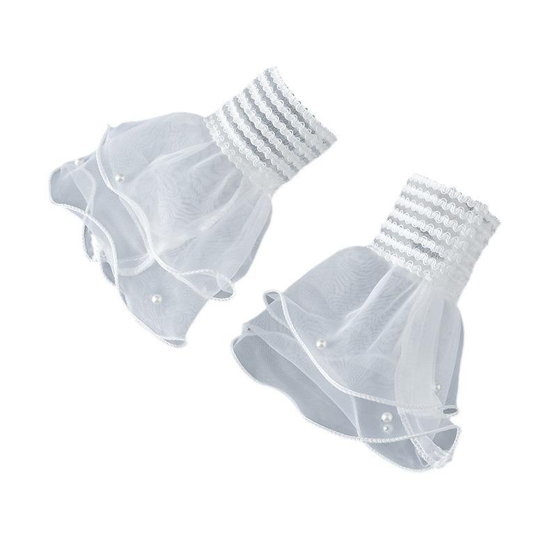 White Mesh Lace Fake Sleeved Cuffs for Womens Sweater Blouse Wrist Warmers Elastic Horn Cuff Decorative False Cuffs