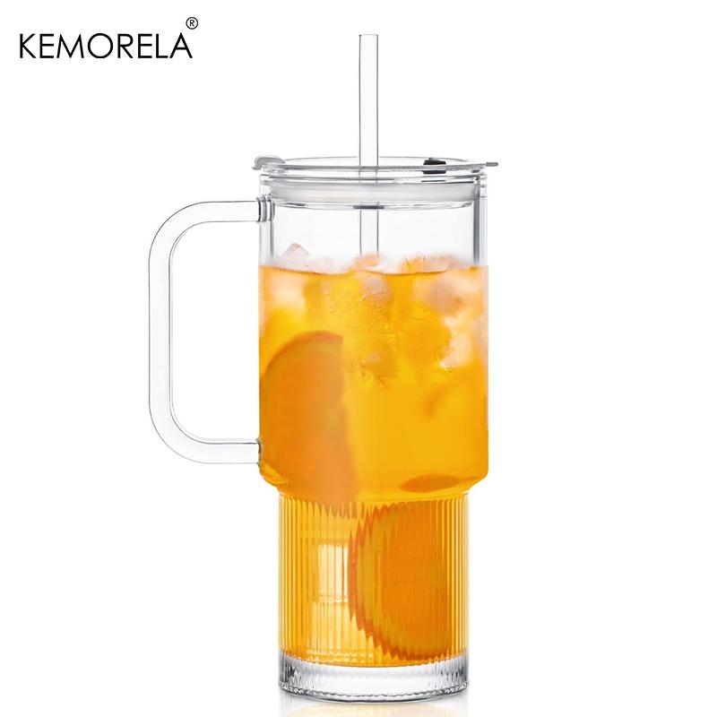 750ML Glasbecher mit Henkel & Deckel 1/2 Stück Große Eiskaffeebecher mit Strohhalmen Moderne Glasbecher für Kalt- & Heißgetränke Saft