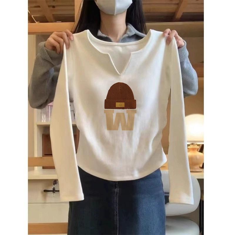Printed short long-sleeved T-shirt women's season slim-fitting versatile bottoming shirt collar top