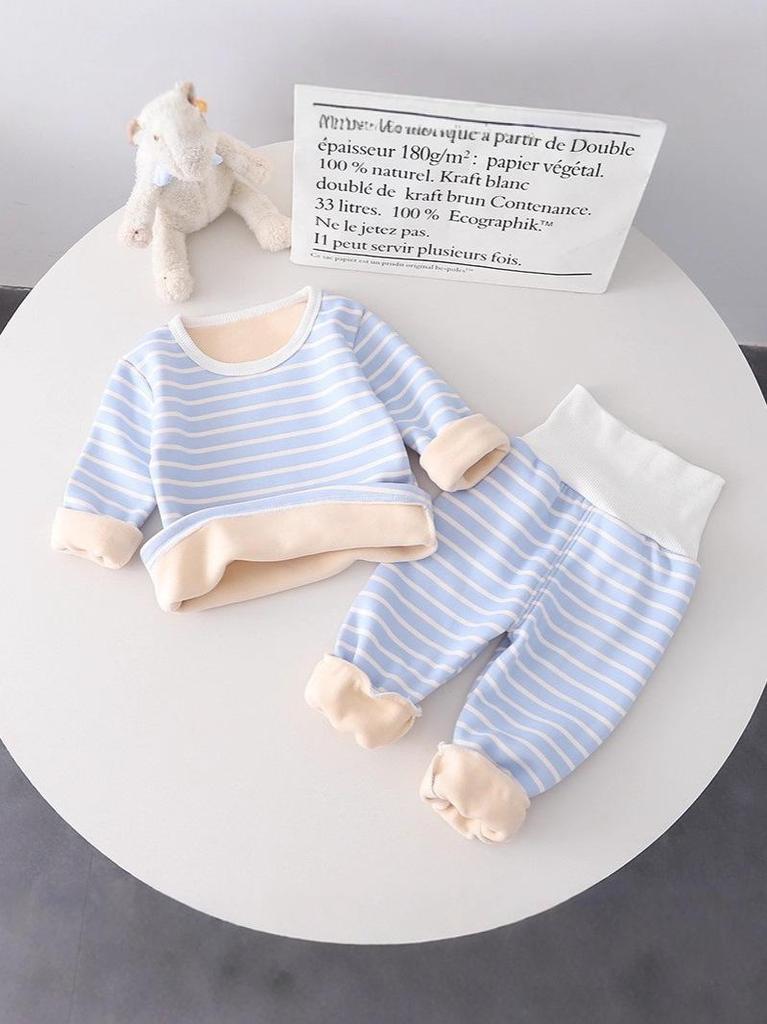 Children's Warm Striped High-Waist Underwear Set for Spring and Autumn - Plus Velvet for Babies, Toddlers, and Kids