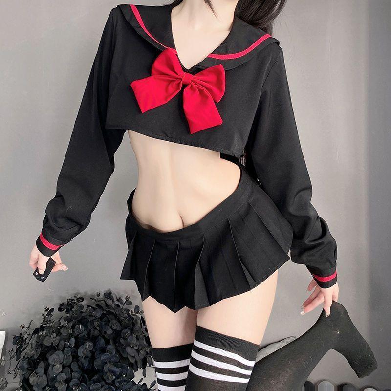 Cute Girl Cosplay Student Uniform Bow Tie Sweet Japanese Schoolgirl Sailor Costume Sexy Long Sleeve Shirt Mini Pleated Skirt Set