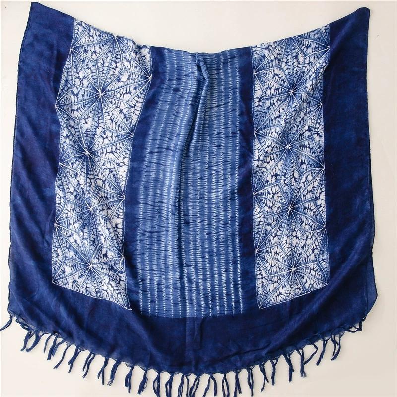 New Ethnic-Style Tie-Dye Colorized Blue-And-White Cotton And Linen Scarf Travelling Shawls For Women