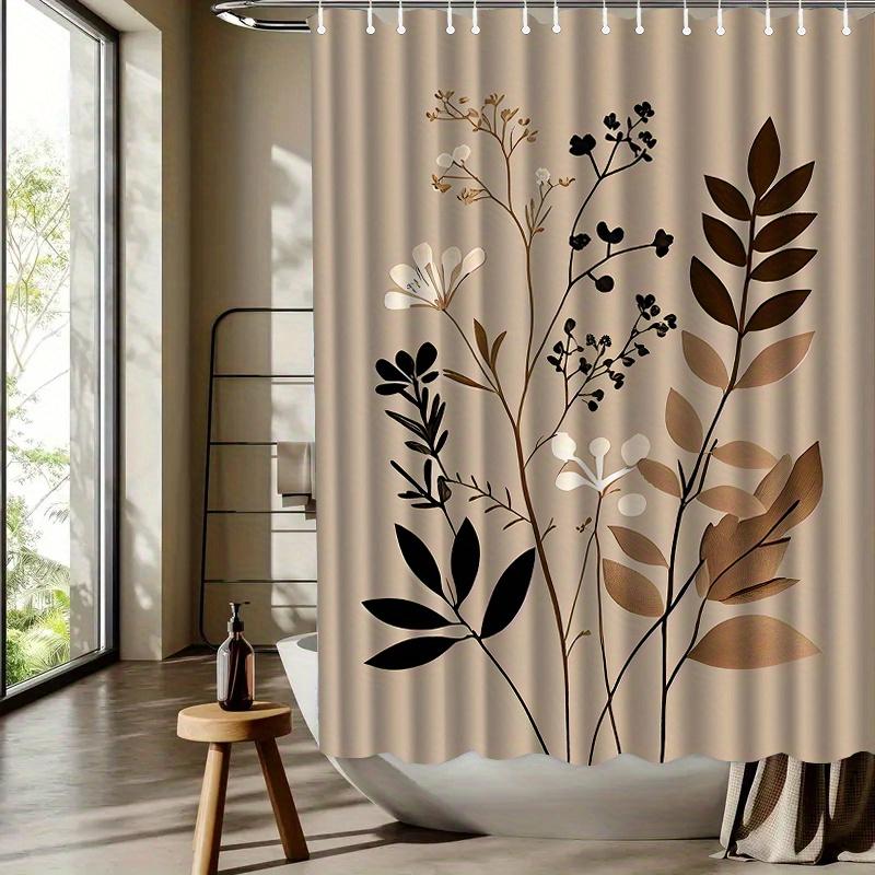 1pc Brown Leaf Pattern Shower Curtain, Polyester Fabric, Machine Washable, with Hooks, Suitable for Bathroom Décor.