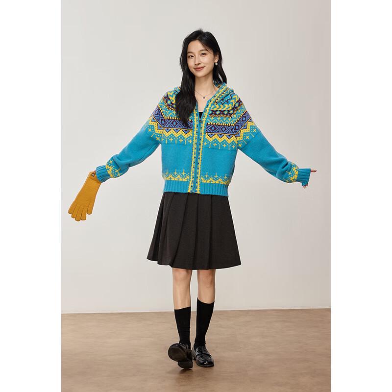 VICTORIA&VERA Women's Fair Isle Color Block Hooded Zipper Knit Sweater