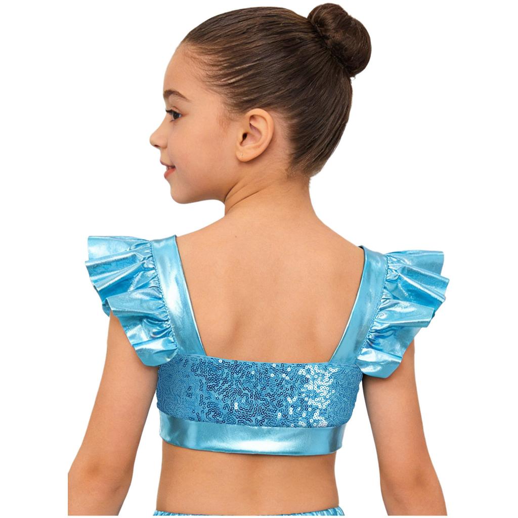 Dětské dívčí topy na jazzový tanec Čtvercový výstřih Volánkové rukávy Třpytivý flitrovaný metalický crop top