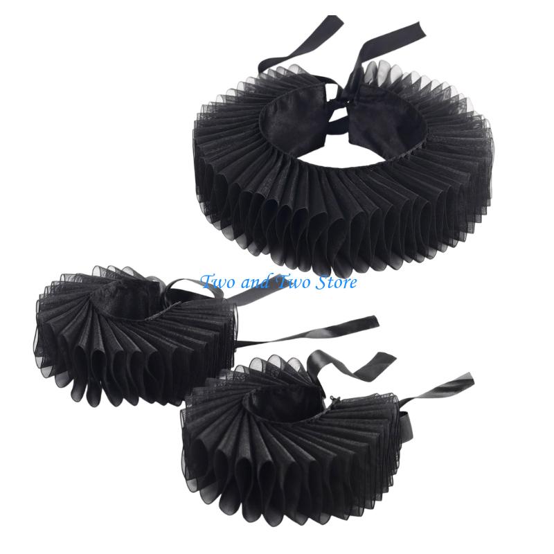 HX6F Ruffled Collar Wrist Cuffs Accessory Victorian Collar Lapel Medieval Cosplay