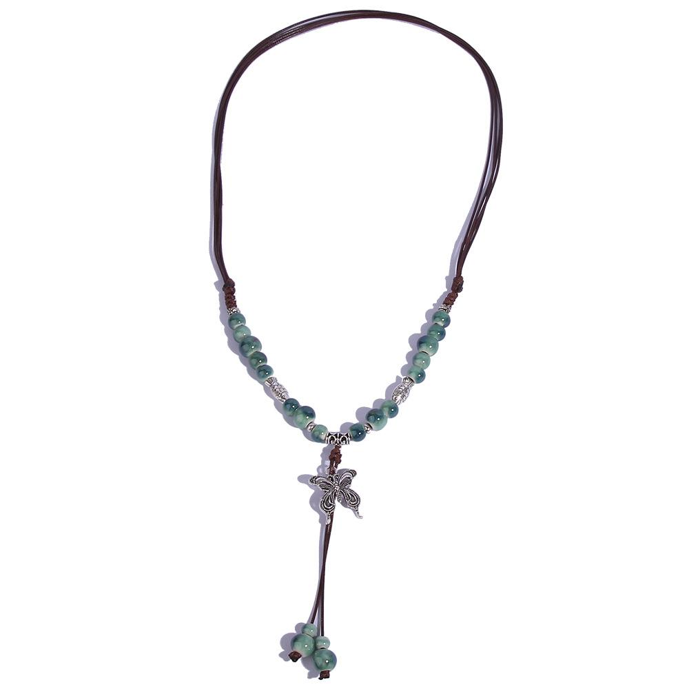 Vintage Ceramic Beaded Pendant Butterfly Necklace Ethnic Style Women Jewelry Gift