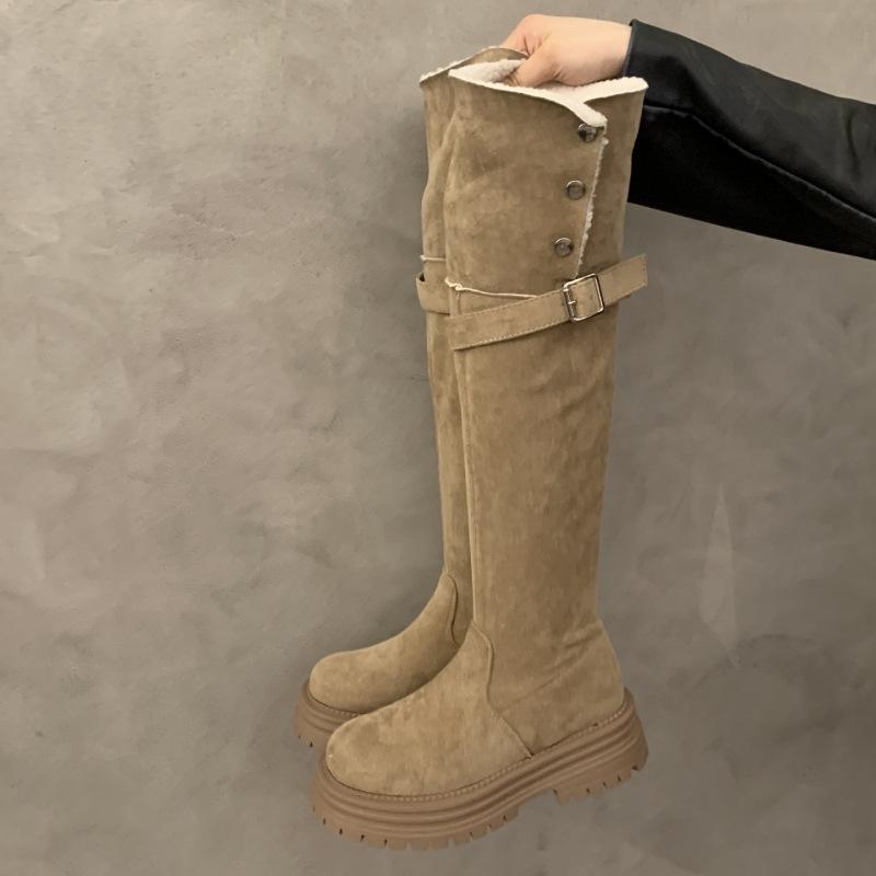 Brown Western Jeans Tube Boots Women's Long Boots High Boots Fleece Warm Autumn and Winter New Knight Boots