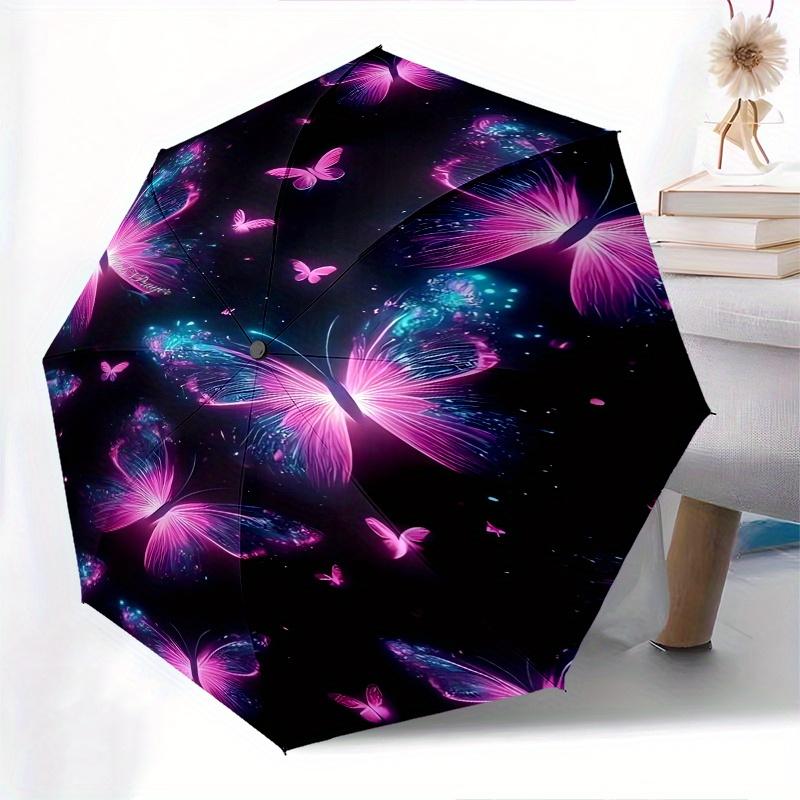 Butterfly, Neon Automatic Folding Umbrella  8 Ribs, Durable Iron Frame, Bright Color Pattern Compact Travel Umbrella, Suitable for Outdoor,