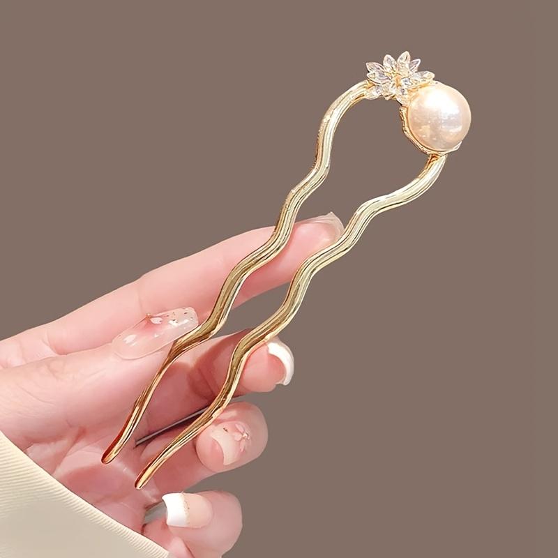 Chinese Style Faux Pearl Wave U-shaped Hairpin, Metal Golden Hair Stick, Bun Headwear