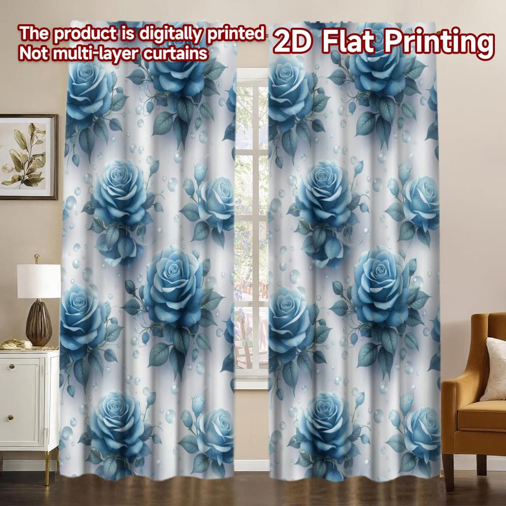 2D FLAT PRINTING 2pcs Curtains (Without Rod) Blue Roses and Pearls Popular Fashionable Curtains Versatile 100% Polyester 60×150cm